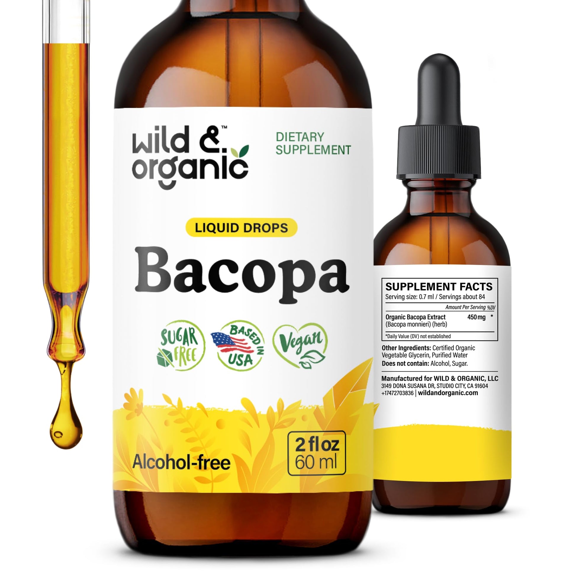Wild & Organic Bacopa Monnieri Supplement - Brain & Focus Support - Bacopa Extract Liquid Drops - Brahmi Herb Tincture to Add to Tea - 5-Month Supply - Vegan, Sugar & Alcohol-Free - 4 fl oz - PrimeBioHealth - canada supplements