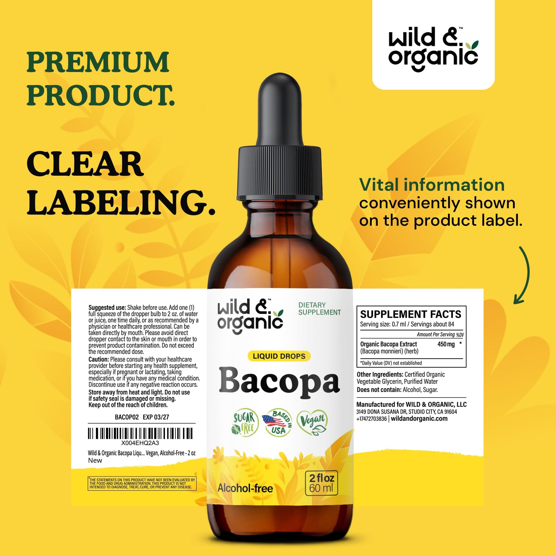 Wild & Organic Bacopa Monnieri Supplement - Brain & Focus Support - Bacopa Extract Liquid Drops - Brahmi Herb Tincture to Add to Tea - 5-Month Supply - Vegan, Sugar & Alcohol-Free - 4 fl oz - PrimeBioHealth - canada supplements