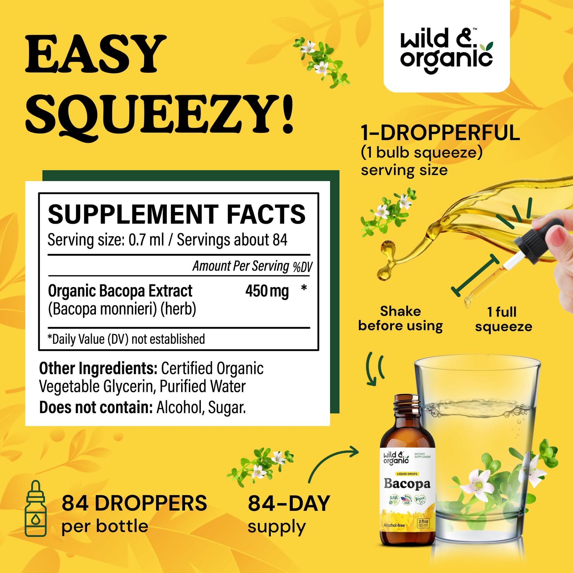 Wild & Organic Bacopa Monnieri Supplement - Brain & Focus Support - Bacopa Extract Liquid Drops - Brahmi Herb Tincture to Add to Tea - 5-Month Supply - Vegan, Sugar & Alcohol-Free - 4 fl oz - PrimeBioHealth - canada supplements