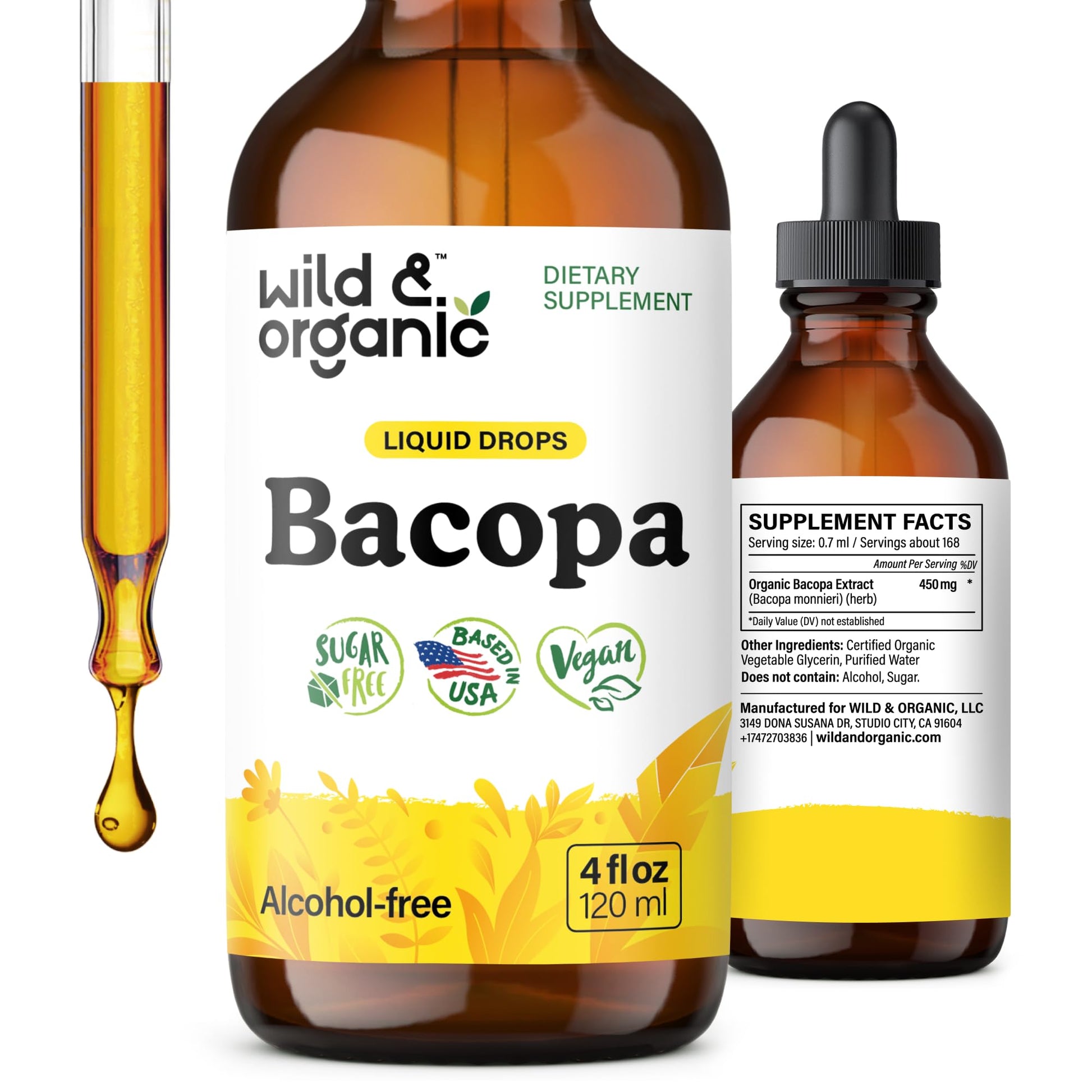 Wild & Organic Bacopa Monnieri Supplement - Brain & Focus Support - Bacopa Extract Liquid Drops - Brahmi Herb Tincture to Add to Tea - 5-Month Supply - Vegan, Sugar & Alcohol-Free - 4 fl oz - PrimeBioHealth - canada supplements