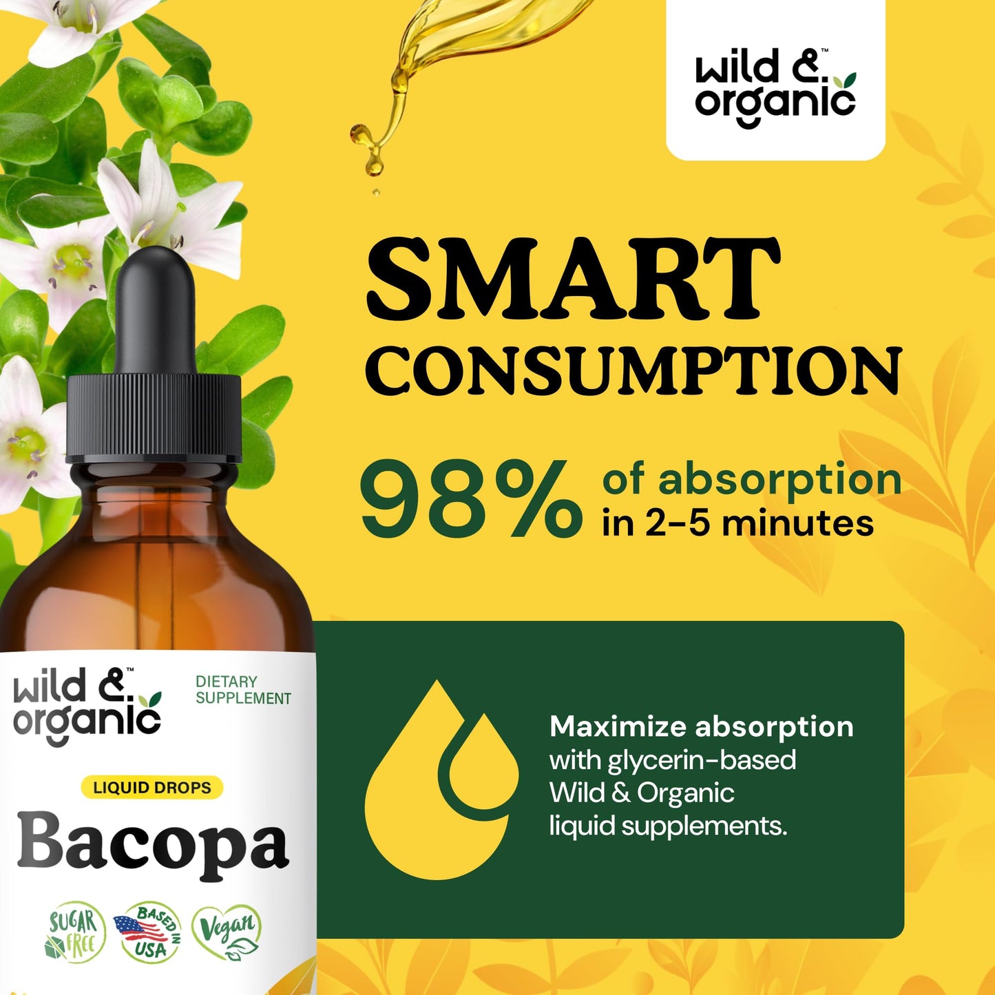Wild & Organic Bacopa Monnieri Supplement - Brain & Focus Support - Bacopa Extract Liquid Drops - Brahmi Herb Tincture to Add to Tea - 5-Month Supply - Vegan, Sugar & Alcohol-Free - 4 fl oz - PrimeBioHealth - canada supplements