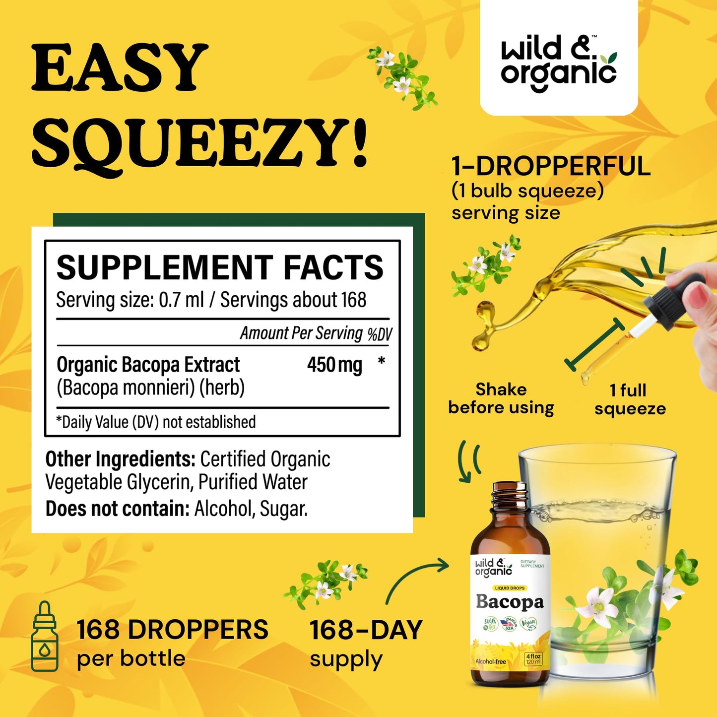 Wild & Organic Bacopa Monnieri Supplement - Brain & Focus Support - Bacopa Extract Liquid Drops - Brahmi Herb Tincture to Add to Tea - 5-Month Supply - Vegan, Sugar & Alcohol-Free - 4 fl oz - PrimeBioHealth - canada supplements