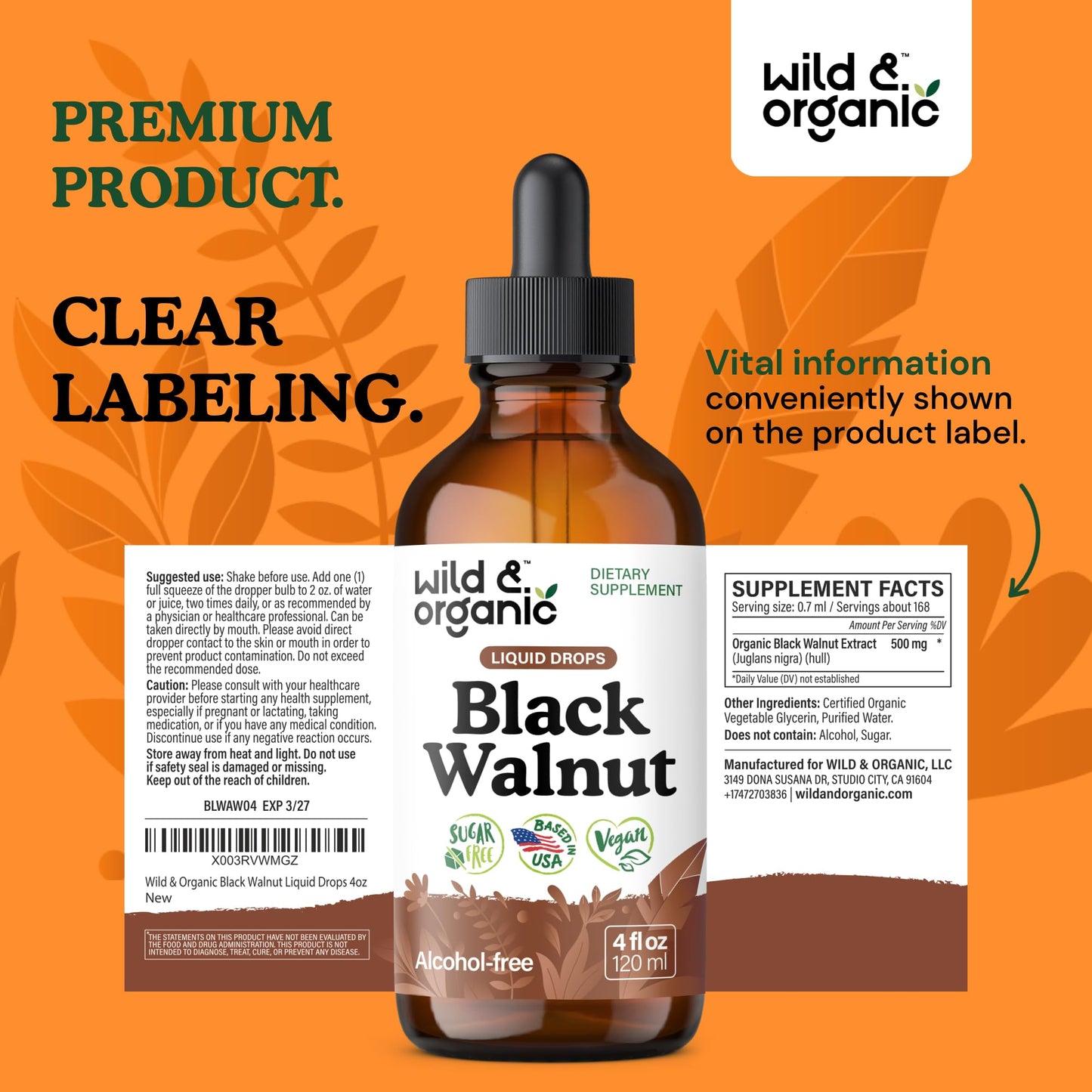 Wild & Organic Black Walnut Hull Tincture - Cleanse & Gut Support - Black Walnut Extract Supplement - Fast Absorption Liquid Drops - Add to Tea & Mix with Powder - Without Alcohol & Sugar - 4 fl oz - PrimeBioHealth - canada supplements