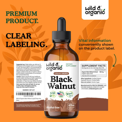 Wild & Organic Black Walnut Hull Tincture - Cleanse & Gut Support - Black Walnut Extract Supplement - Fast Absorption Liquid Drops - Add to Tea & Mix with Powder - Without Alcohol & Sugar - 4 fl oz - PrimeBioHealth - canada supplements