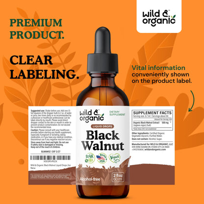 Wild & Organic Black Walnut Hull Tincture - Cleanse & Gut Support - Black Walnut Extract Supplement - Fast Absorption Liquid Drops - Add to Tea & Mix with Powder - Without Alcohol & Sugar - 4 fl oz - PrimeBioHealth - canada supplements