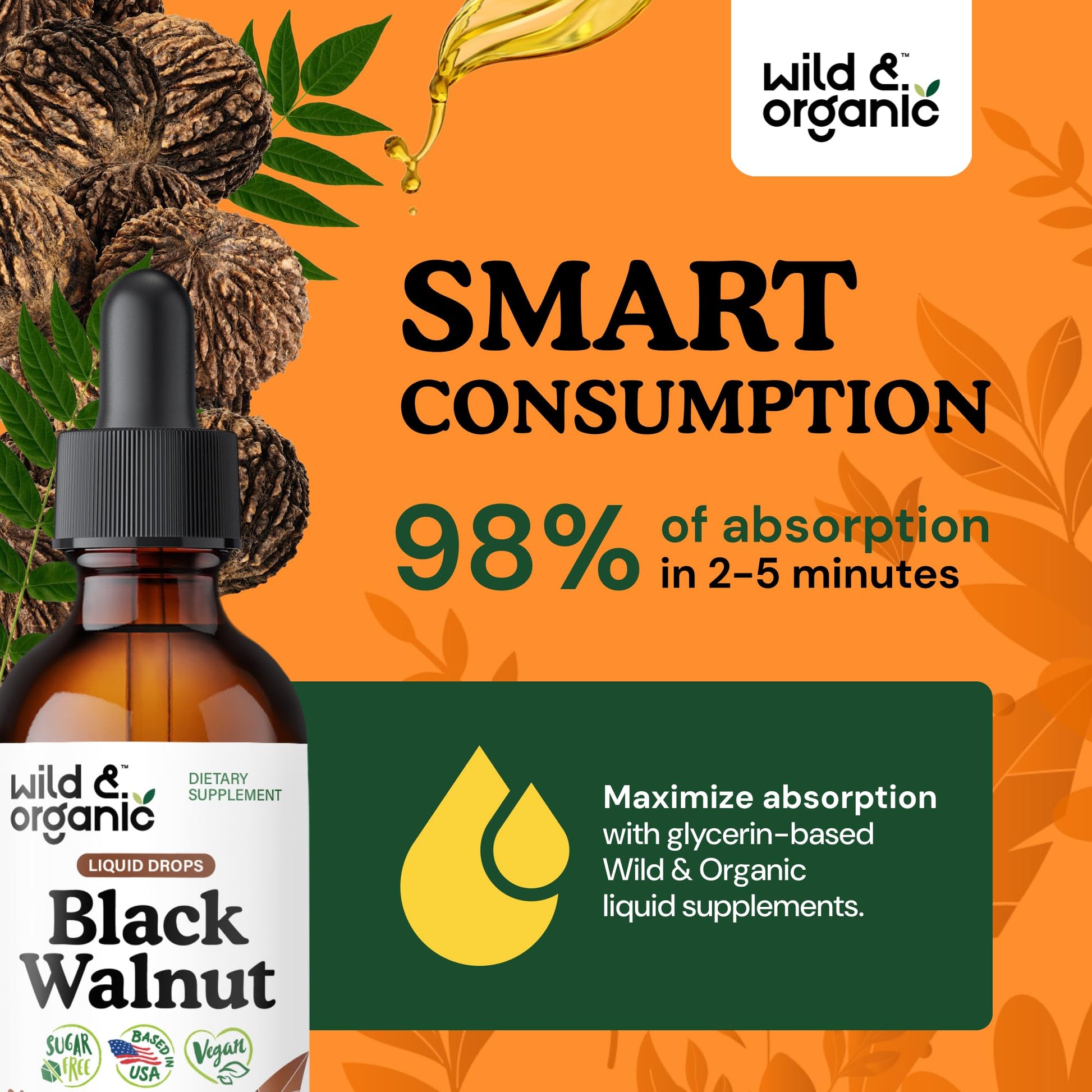 Wild & Organic Black Walnut Hull Tincture - Cleanse & Gut Support - Black Walnut Extract Supplement - Fast Absorption Liquid Drops - Add to Tea & Mix with Powder - Without Alcohol & Sugar - 4 fl oz - PrimeBioHealth - canada supplements