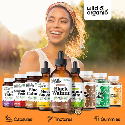 Wild & Organic Black Walnut Hull Tincture - Cleanse & Gut Support - Black Walnut Extract Supplement - Fast Absorption Liquid Drops - Add to Tea & Mix with Powder - Without Alcohol & Sugar - 4 fl oz - PrimeBioHealth - canada supplements