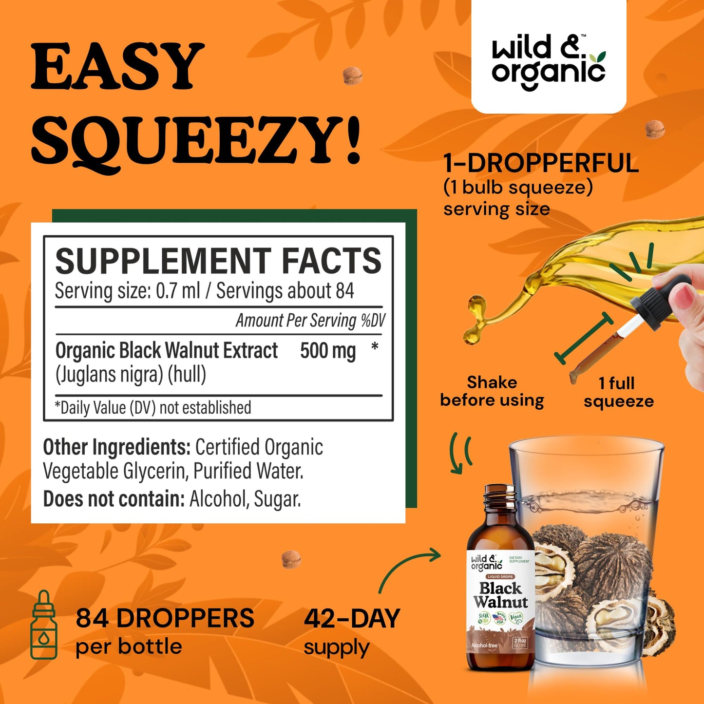 Wild & Organic Black Walnut Hull Tincture - Cleanse & Gut Support - Black Walnut Extract Supplement - Fast Absorption Liquid Drops - Add to Tea & Mix with Powder - Without Alcohol & Sugar - 4 fl oz - PrimeBioHealth - canada supplements