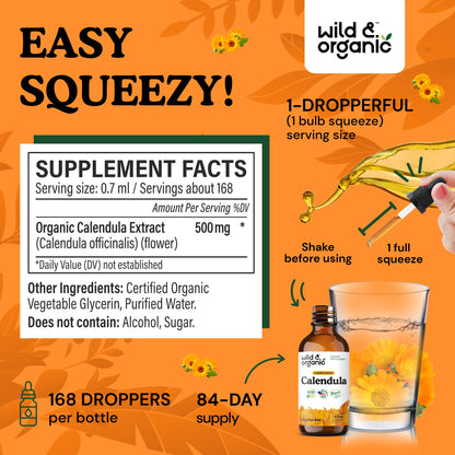 Wild & Organic Calendula Flowers Supplement - Antioxidant, Immune & Skin Support - Add to Tea Extract Drops - Calendula Herb Tincture - Vegan, Alcohol & Sugar-Free - 4 fl oz - PrimeBioHealth - canada supplements