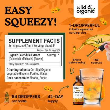 Wild & Organic Calendula Flowers Supplement - Antioxidant, Immune & Skin Support - Add to Tea Extract Drops - Calendula Herb Tincture - Vegan, Alcohol & Sugar-Free - 4 fl oz - PrimeBioHealth - canada supplements