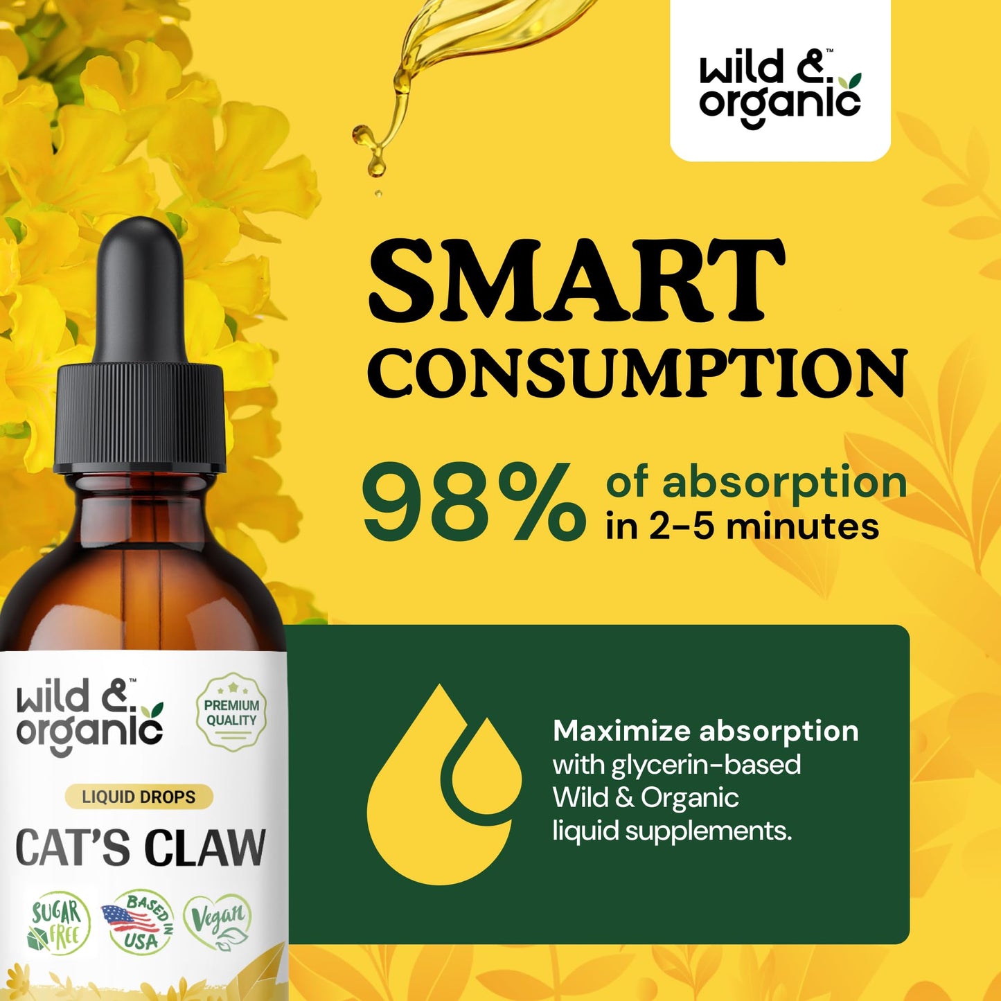 Wild & Organic Cats Claw Herb Supplement - Immune Support - Pure Cats Claw Tincture - Add to Tea Liquid Drops - Uncaria Tomentosa Bark - Vegan, Sugar & Alcohol-Free - 4 fl oz - PrimeBioHealth - canada supplements