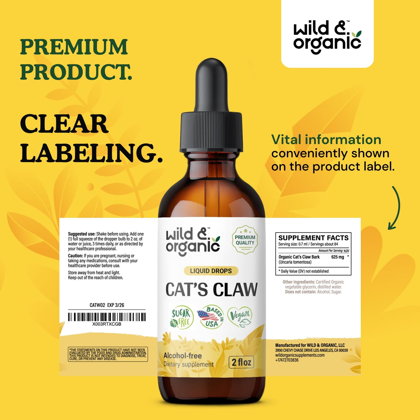 Wild & Organic Cats Claw Herb Supplement - Immune Support - Pure Cats Claw Tincture - Add to Tea Liquid Drops - Uncaria Tomentosa Bark - Vegan, Sugar & Alcohol-Free - 4 fl oz - PrimeBioHealth - canada supplements