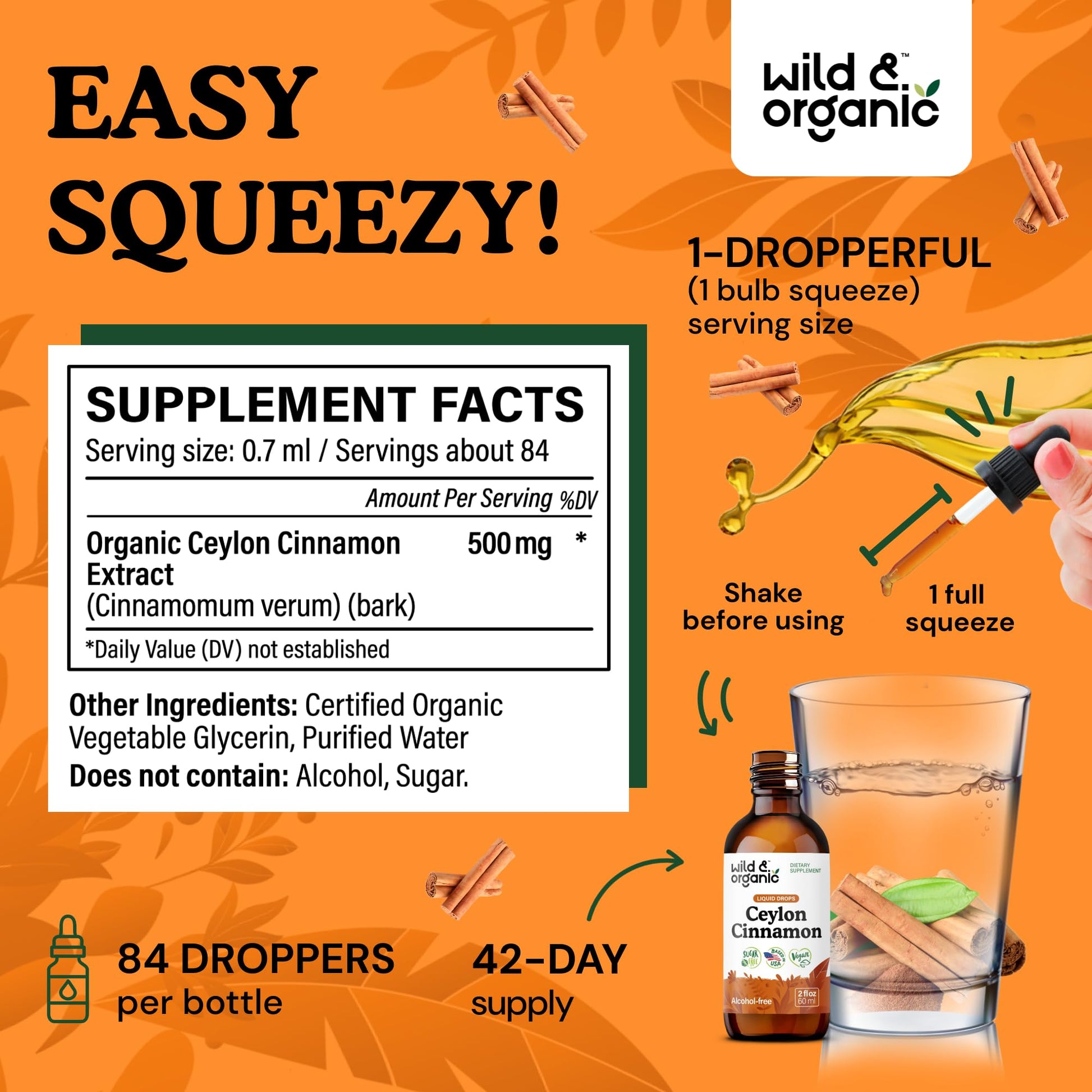 Wild & Organic Ceylon Cinnamon Supplements 500mg - Antioxidant Support - Ceylon Cinnamon Drops - Add to Tea Liquid Extract - Cinnamomum Verum Bark - Unflavored, Sugar & Alcohol-Free Tincture - 4 fl oz - PrimeBioHealth - canada supplements