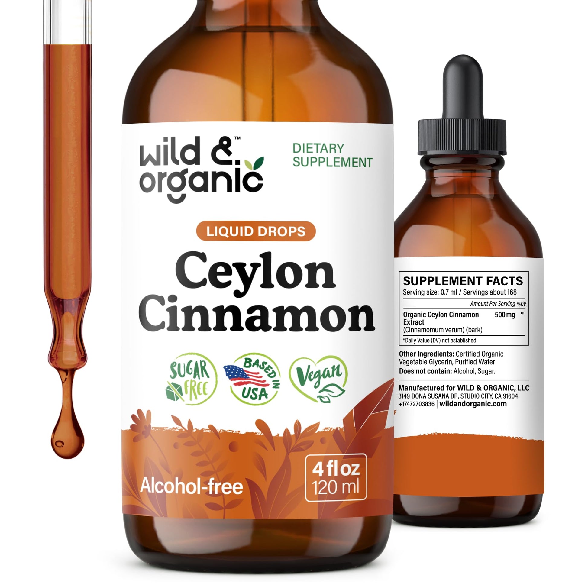 Wild & Organic Ceylon Cinnamon Supplements 500mg - Antioxidant Support - Ceylon Cinnamon Drops - Add to Tea Liquid Extract - Cinnamomum Verum Bark - Unflavored, Sugar & Alcohol-Free Tincture - 4 fl oz - PrimeBioHealth - canada supplements