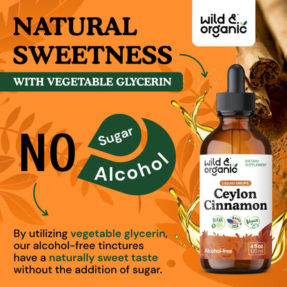 Wild & Organic Ceylon Cinnamon Supplements 500mg - Antioxidant Support - Ceylon Cinnamon Drops - Add to Tea Liquid Extract - Cinnamomum Verum Bark - Unflavored, Sugar & Alcohol-Free Tincture - 4 fl oz - PrimeBioHealth - canada supplements