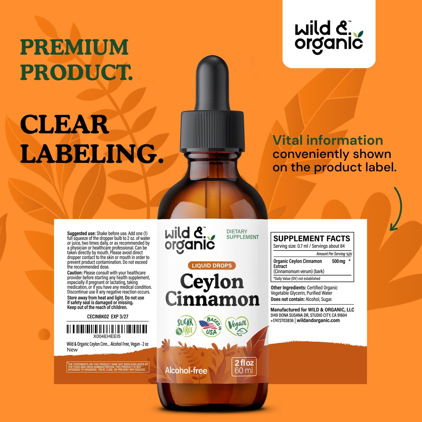 Wild & Organic Ceylon Cinnamon Supplements 500mg - Antioxidant Support - Ceylon Cinnamon Drops - Add to Tea Liquid Extract - Cinnamomum Verum Bark - Unflavored, Sugar & Alcohol-Free Tincture - 4 fl oz - PrimeBioHealth - canada supplements