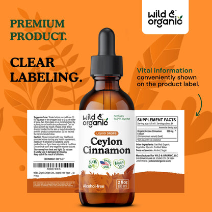 Wild & Organic Ceylon Cinnamon Supplements 500mg - Antioxidant Support - Ceylon Cinnamon Drops - Add to Tea Liquid Extract - Cinnamomum Verum Bark - Unflavored, Sugar & Alcohol-Free Tincture - 4 fl oz - PrimeBioHealth - canada supplements