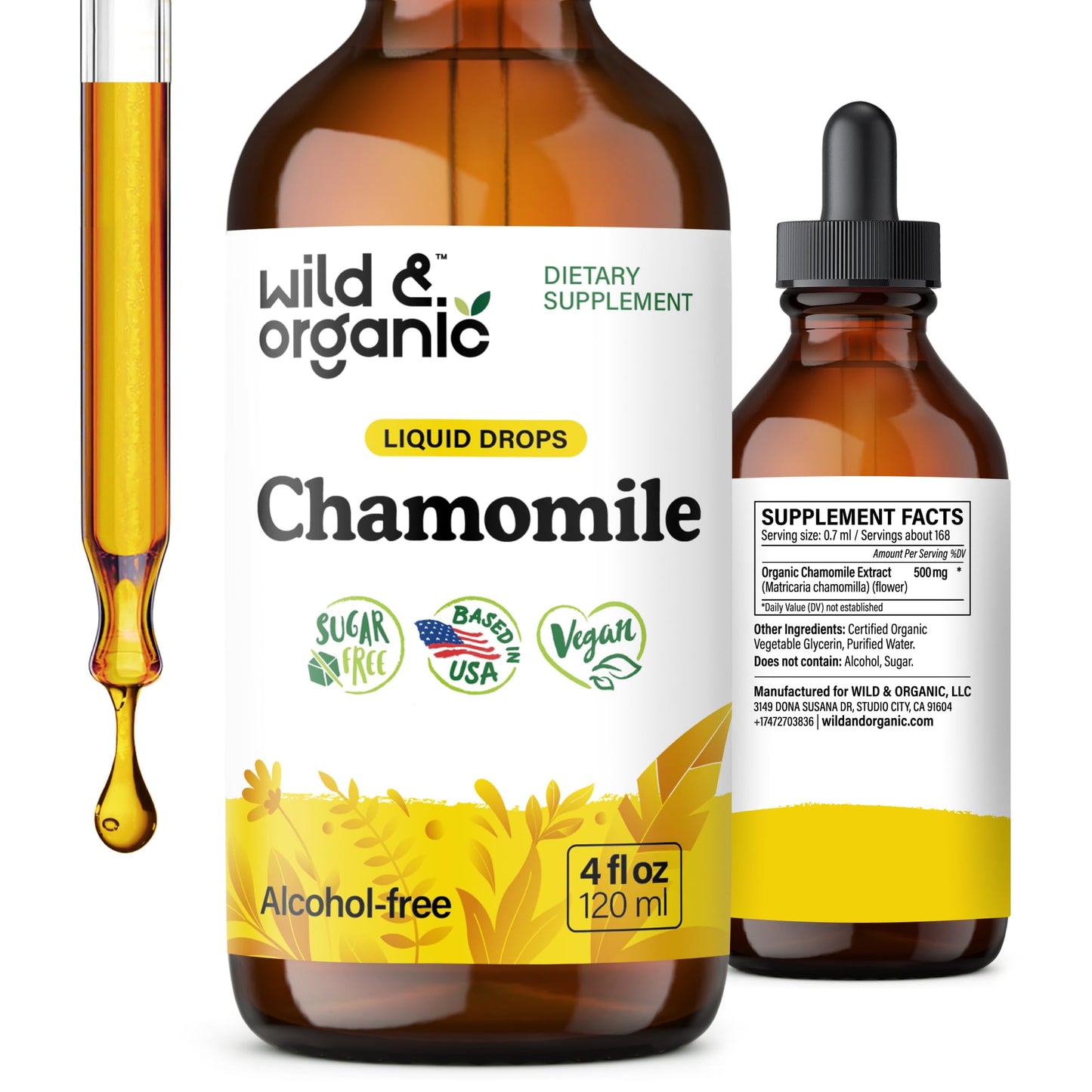 Wild & Organic Chamomile Flowers Drops - Add to Tea for Relaxation Support - 500 mg Chamomile Extract Liquid Drops - Calming Herbal Supplement - 56-Day Supply - Vegan, Sugar & Alcohol-Free - 4 fl oz - PrimeBioHealth - canada supplements