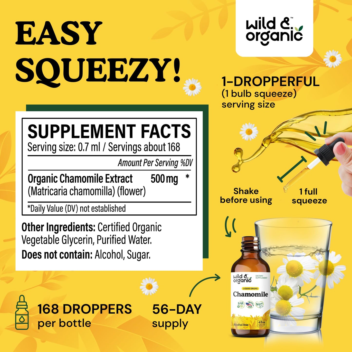 Wild & Organic Chamomile Flowers Drops - Add to Tea for Relaxation Support - 500 mg Chamomile Extract Liquid Drops - Calming Herbal Supplement - 56-Day Supply - Vegan, Sugar & Alcohol-Free - 4 fl oz - PrimeBioHealth - canada supplements
