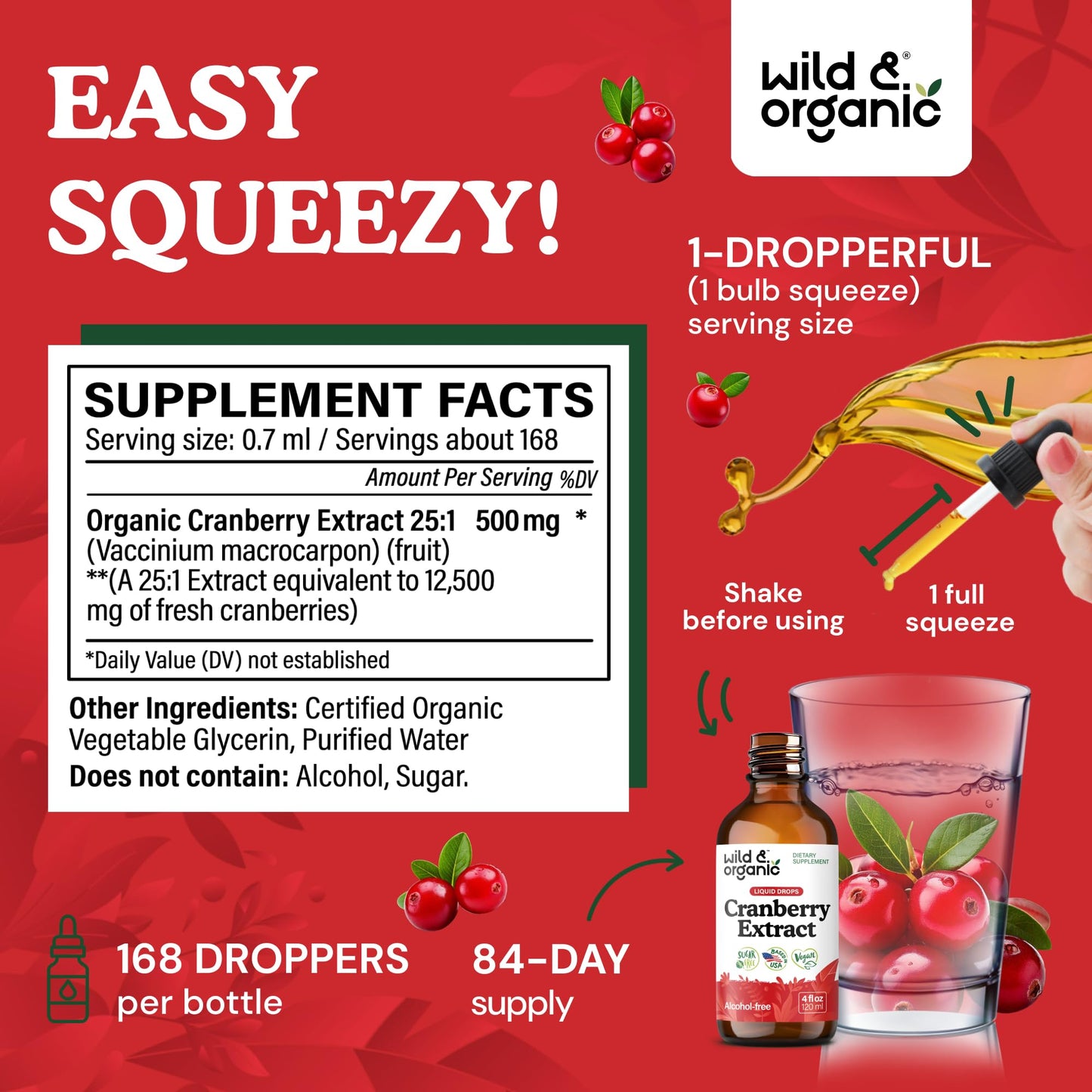Wild & Organic Cranberry Concentrate Liquid Drops - Urinary Tract Support with Cranberry Supplement for Women & Men - 500 mg Extract per Serving - Vegan, Sugar & Alcohol-Free - 4 fl oz - PrimeBioHealth - canada supplements