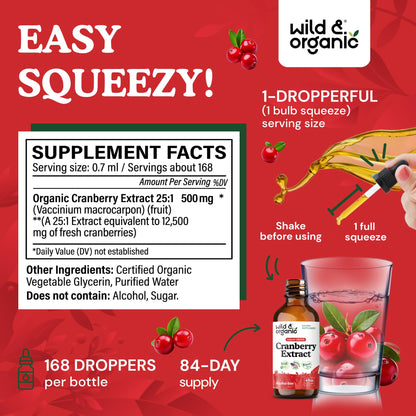 Wild & Organic Cranberry Concentrate Liquid Drops - Urinary Tract Support with Cranberry Supplement for Women & Men - 500 mg Extract per Serving - Vegan, Sugar & Alcohol-Free - 4 fl oz - PrimeBioHealth - canada supplements