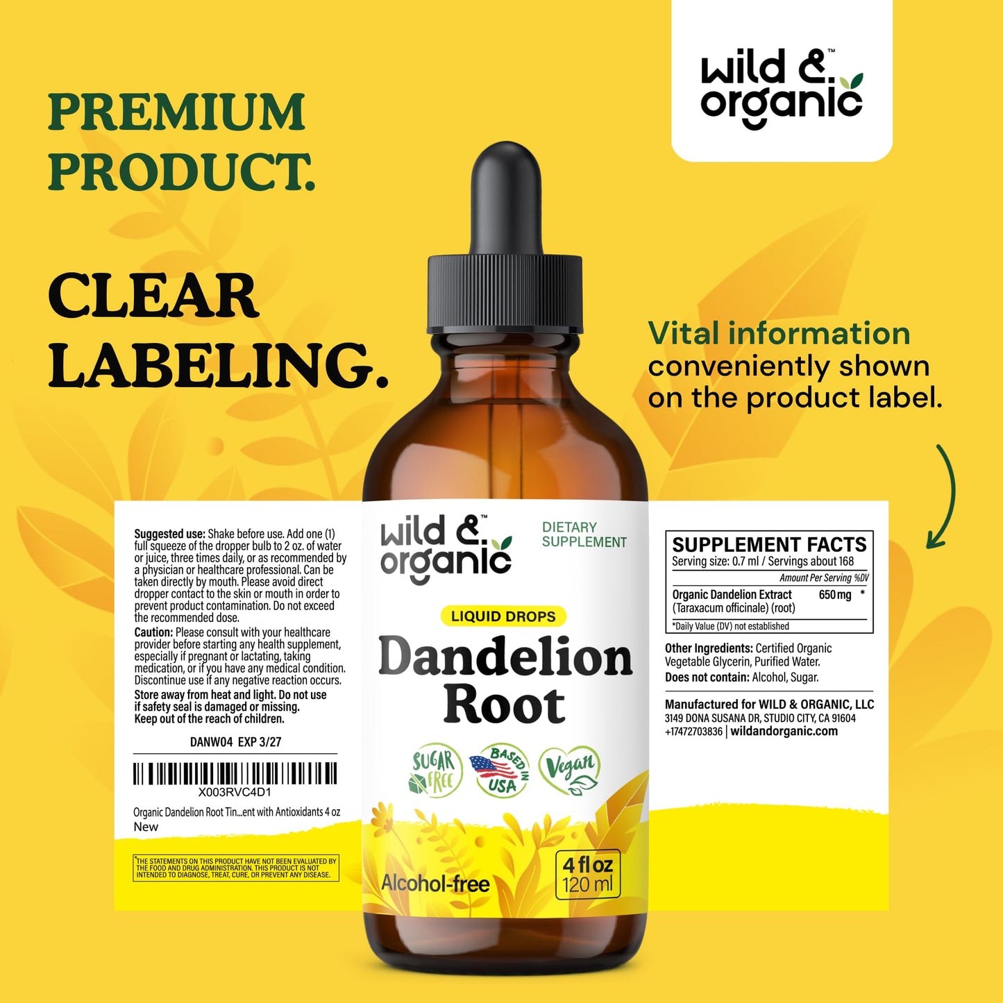 Wild & Organic Dandelion Root Extract Drops - Liver Cleanse Detox - Herbal Dandelion Tincture - Liver Support Supplement - Add to Tea - Vegan, Sugar & Alcohol-Free Liquid Drops - 4 fl oz - PrimeBioHealth - canada supplements