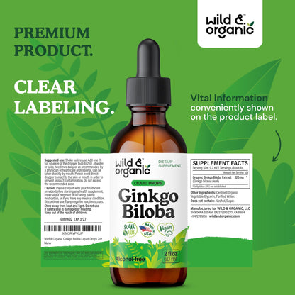 Wild & Organic Ginkgo Biloba Extract Drops - Brain & Focus Support - Liquid Ginkgo Biloba Supplements - Vegan, Sugar & Alcohol-Free Herbal Tincture - 4 fl oz - PrimeBioHealth - canada supplements