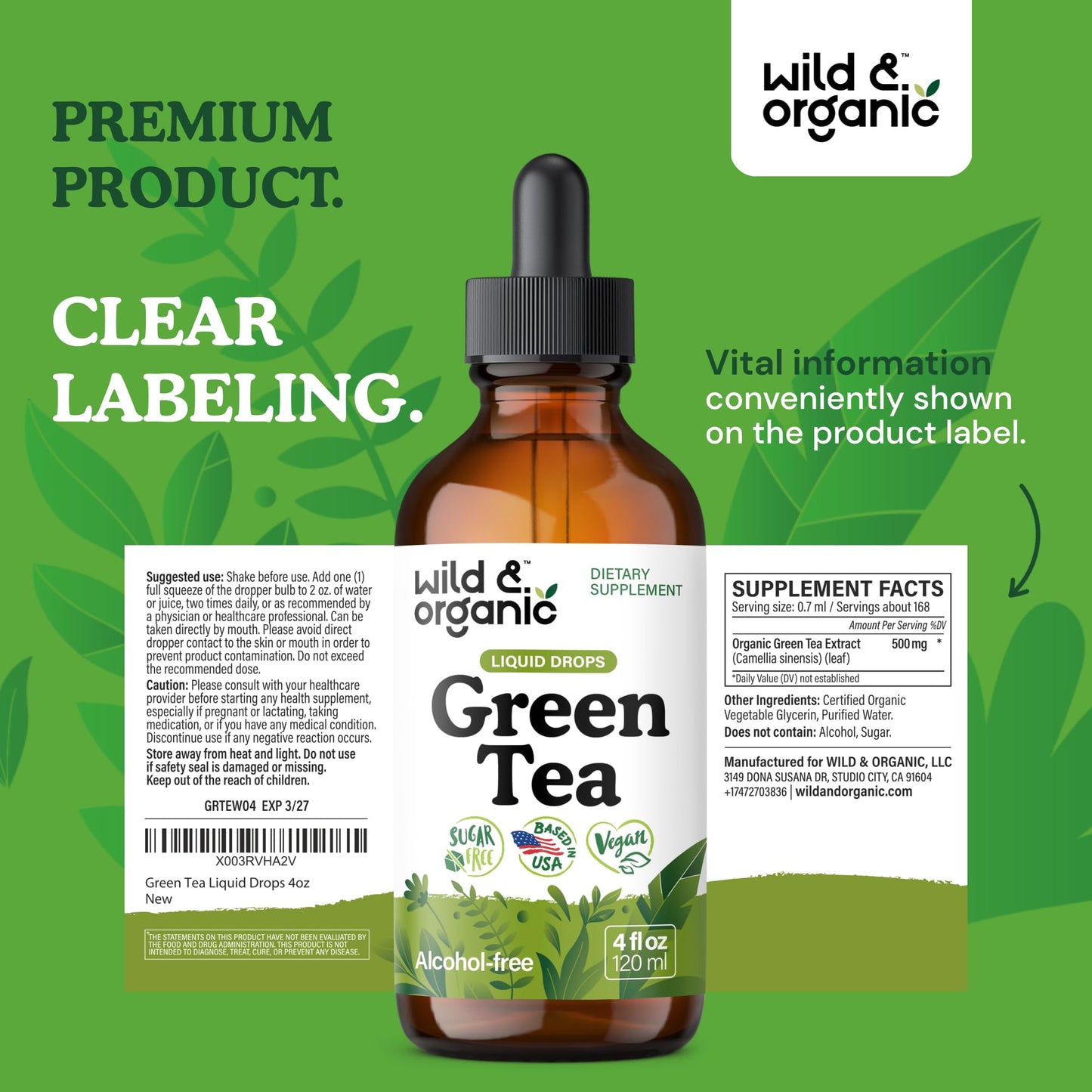 Wild & Organic Green Tea Extract Liquid Drops - Antioxidant Support - Pure Green Tea Supplement - 84-Day Supply - Vegan, Sugar & Alcohol-Free Camellia Sinensis Tincture - 4 fl oz - PrimeBioHealth - canada supplements