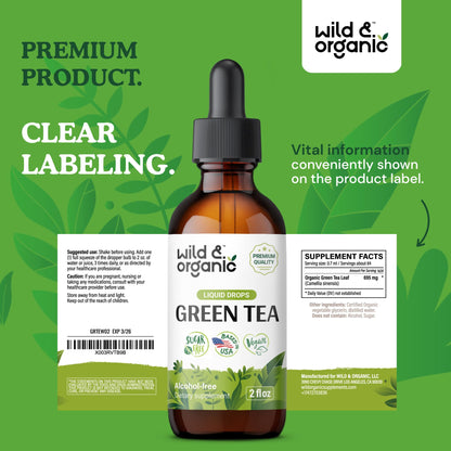 Wild & Organic Green Tea Extract Liquid Drops - Antioxidant Support - Pure Green Tea Supplement - 84-Day Supply - Vegan, Sugar & Alcohol-Free Camellia Sinensis Tincture - 4 fl oz - PrimeBioHealth - canada supplements