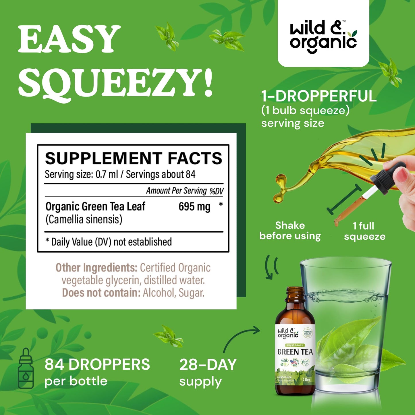 Wild & Organic Green Tea Extract Liquid Drops - Antioxidant Support - Pure Green Tea Supplement - 84-Day Supply - Vegan, Sugar & Alcohol-Free Camellia Sinensis Tincture - 4 fl oz - PrimeBioHealth - canada supplements