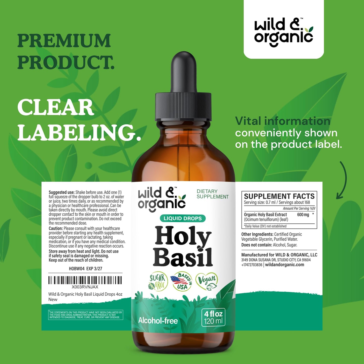 Wild & Organic Holy Basil Tincture - Relaxation & Calmness Support - Liquid Holy Basil Leaf Supplement - Tulsi Drops - Vegan, Sugar & Alcohol-Free Extract - 4 fl oz - PrimeBioHealth - canada supplements