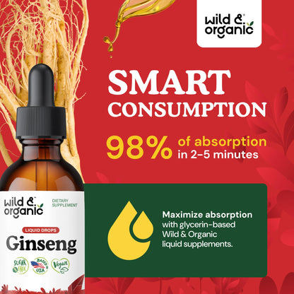 Wild & Organic Korean Panax Ginseng Extract Liquid Drops - Immune & Energy Support - Red Ginseng Root Supplement - Easy to Add to Tea - Vegan, Sugar & Alcohol-Free Tincture - 4 fl oz - PrimeBioHealth - canada supplements