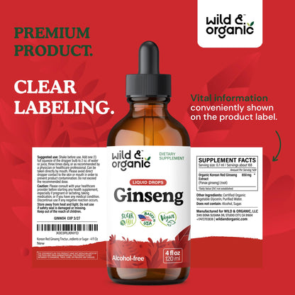 Wild & Organic Korean Panax Ginseng Extract Liquid Drops - Immune & Energy Support - Red Ginseng Root Supplement - Easy to Add to Tea - Vegan, Sugar & Alcohol-Free Tincture - 4 fl oz - PrimeBioHealth - canada supplements