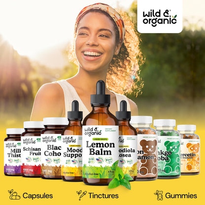 Wild & Organic Lemon Balm Tincture - Good Mood Support - Melissa Lemon Balm Extract Drops - Add to Tea for Relaxation - Vegan, Sugar & Alcohol-Free Leaf Supplement - 4 fl oz - PrimeBioHealth - canada supplements