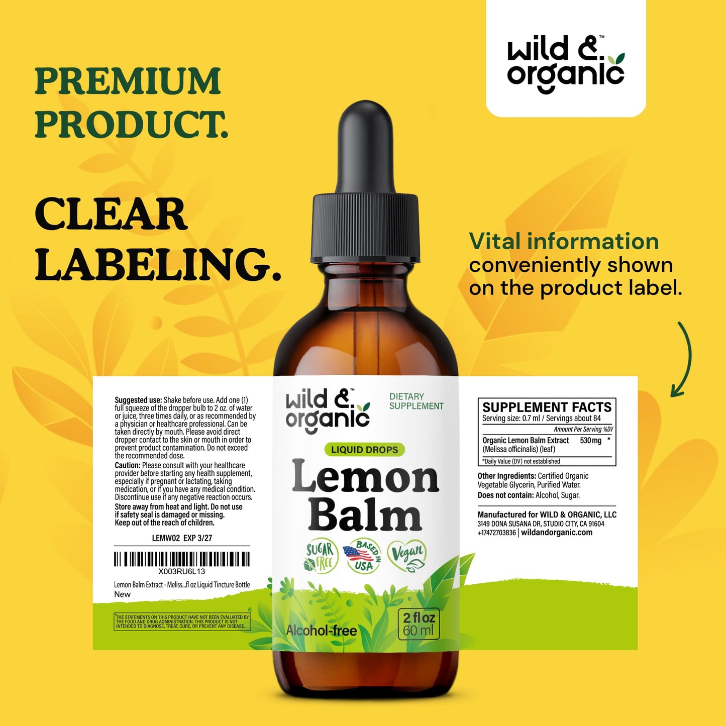 Wild & Organic Lemon Balm Tincture - Good Mood Support - Melissa Lemon Balm Extract Drops - Add to Tea for Relaxation - Vegan, Sugar & Alcohol-Free Leaf Supplement - 4 fl oz - PrimeBioHealth - canada supplements