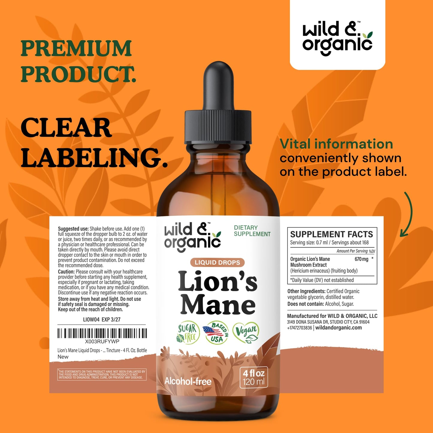 Wild & Organic Lions Mane Liquid Drops - Brain & Focus Support - Lion's Mane Mushroom Supplement - Hericium Erinaceus Mushroom Drops - Mix with Powder - Sugar & Alcohol-Free Extract Tincture - 4 oz - PrimeBioHealth - canada supplements