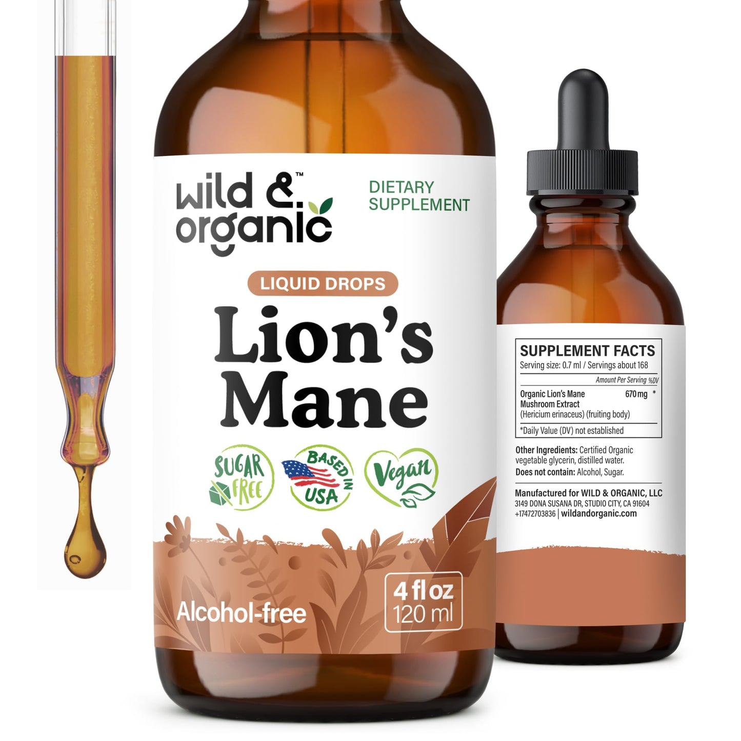 Wild & Organic Lions Mane Liquid Drops - Brain & Focus Support - Lion's Mane Mushroom Supplement - Hericium Erinaceus Mushroom Drops - Mix with Powder - Sugar & Alcohol-Free Extract Tincture - 4 oz - PrimeBioHealth - canada supplements
