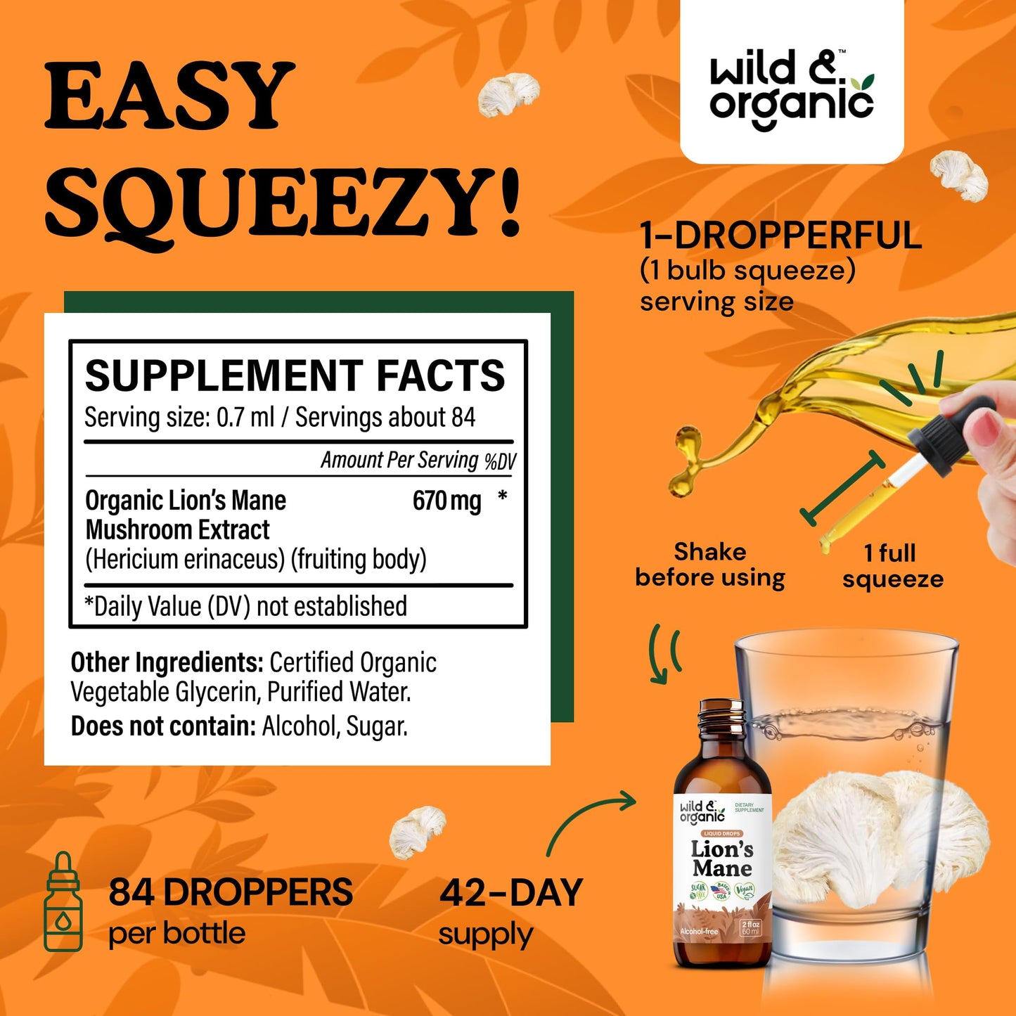 Wild & Organic Lions Mane Liquid Drops - Brain & Focus Support - Lion's Mane Mushroom Supplement - Hericium Erinaceus Mushroom Drops - Mix with Powder - Sugar & Alcohol-Free Extract Tincture - 4 oz - PrimeBioHealth - canada supplements