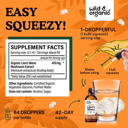Wild & Organic Lions Mane Liquid Drops - Brain & Focus Support - Lion's Mane Mushroom Supplement - Hericium Erinaceus Mushroom Drops - Mix with Powder - Sugar & Alcohol-Free Extract Tincture - 4 oz - PrimeBioHealth - canada supplements