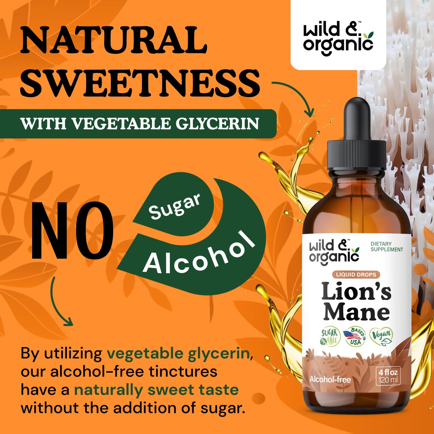 Wild & Organic Lions Mane Liquid Drops - Brain & Focus Support - Lion's Mane Mushroom Supplement - Hericium Erinaceus Mushroom Drops - Mix with Powder - Sugar & Alcohol-Free Extract Tincture - 4 oz - PrimeBioHealth - canada supplements