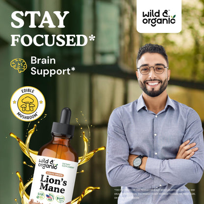 Wild & Organic Lions Mane Liquid Drops - Brain & Focus Support - Lion's Mane Mushroom Supplement - Hericium Erinaceus Mushroom Drops - Mix with Powder - Sugar & Alcohol-Free Extract Tincture - 4 oz - PrimeBioHealth - canada supplements