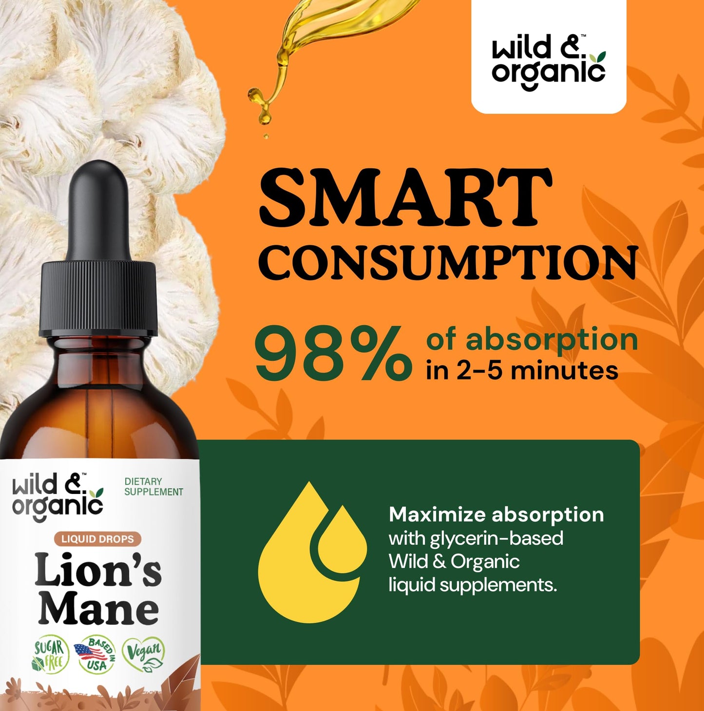 Wild & Organic Lions Mane Liquid Drops - Brain & Focus Support - Lion's Mane Mushroom Supplement - Hericium Erinaceus Mushroom Drops - Mix with Powder - Sugar & Alcohol-Free Extract Tincture - 4 oz - PrimeBioHealth - canada supplements