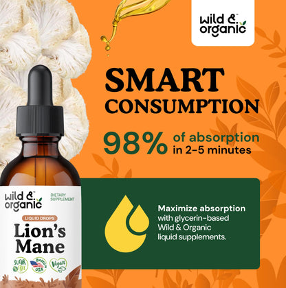 Wild & Organic Lions Mane Liquid Drops - Brain & Focus Support - Lion's Mane Mushroom Supplement - Hericium Erinaceus Mushroom Drops - Mix with Powder - Sugar & Alcohol-Free Extract Tincture - 4 oz - PrimeBioHealth - canada supplements