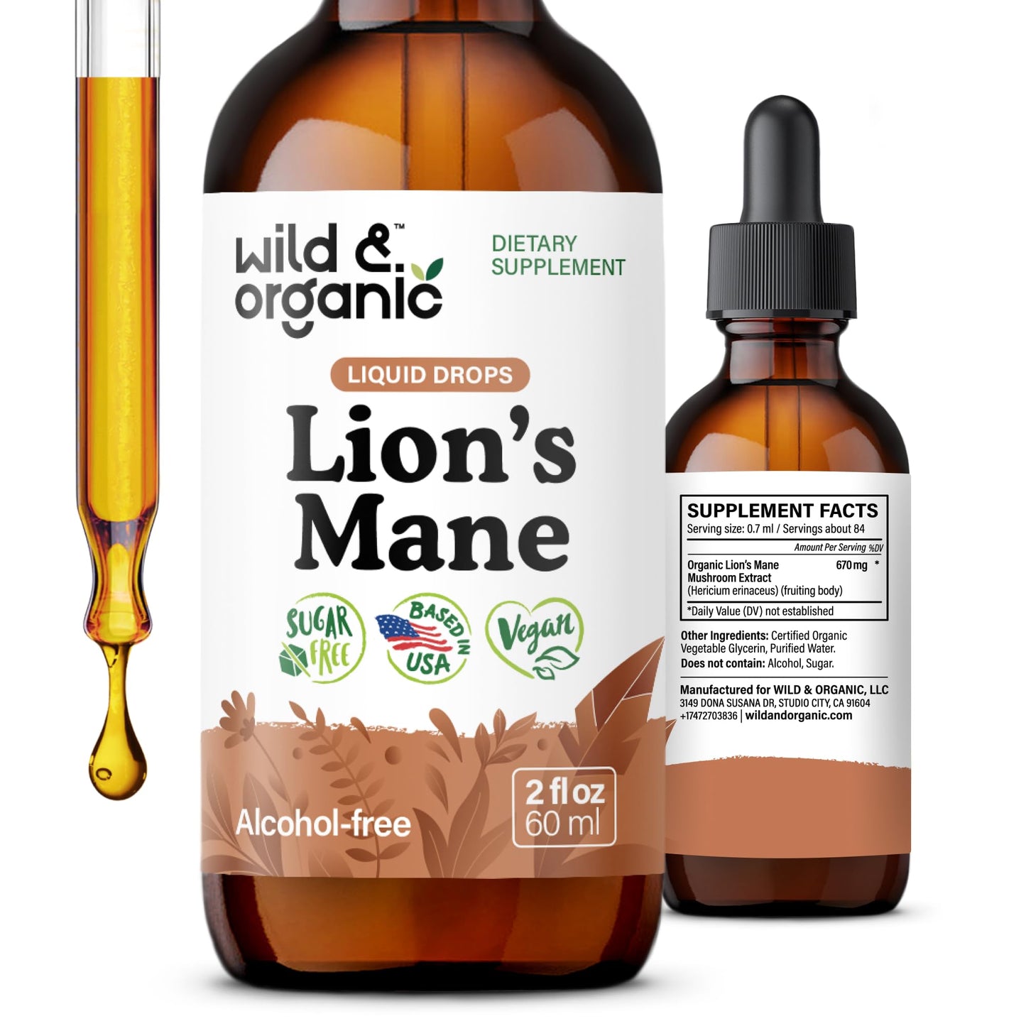 Wild & Organic Lions Mane Liquid Drops - Brain & Focus Support - Lion's Mane Mushroom Supplement - Hericium Erinaceus Mushroom Drops - Mix with Powder - Sugar & Alcohol-Free Extract Tincture - 4 oz - PrimeBioHealth - canada supplements