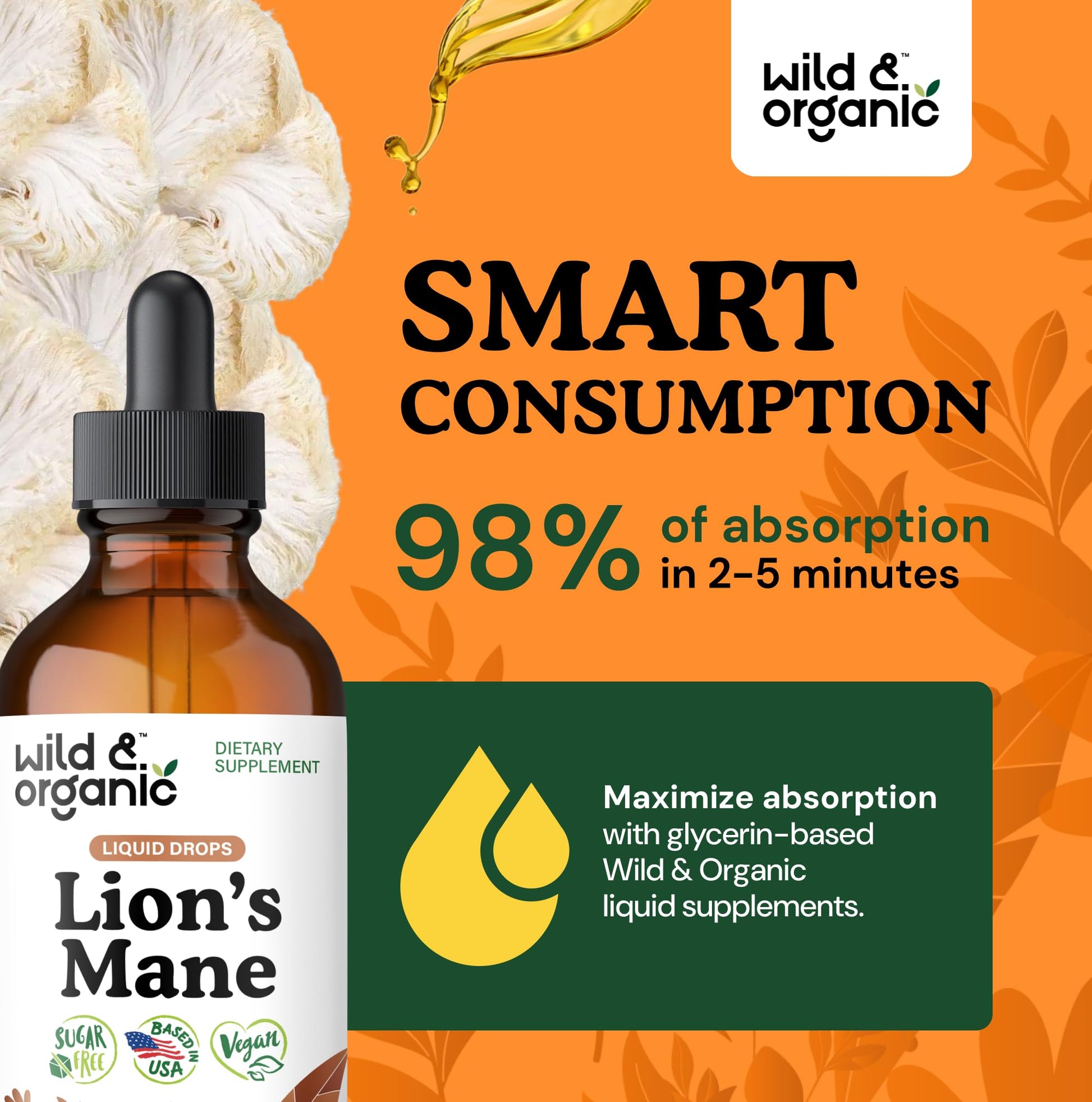 Wild & Organic Lions Mane Liquid Drops - Brain & Focus Support - Lion's Mane Mushroom Supplement - Hericium Erinaceus Mushroom Drops - Mix with Powder - Sugar & Alcohol-Free Extract Tincture - 4 oz - PrimeBioHealth - canada supplements