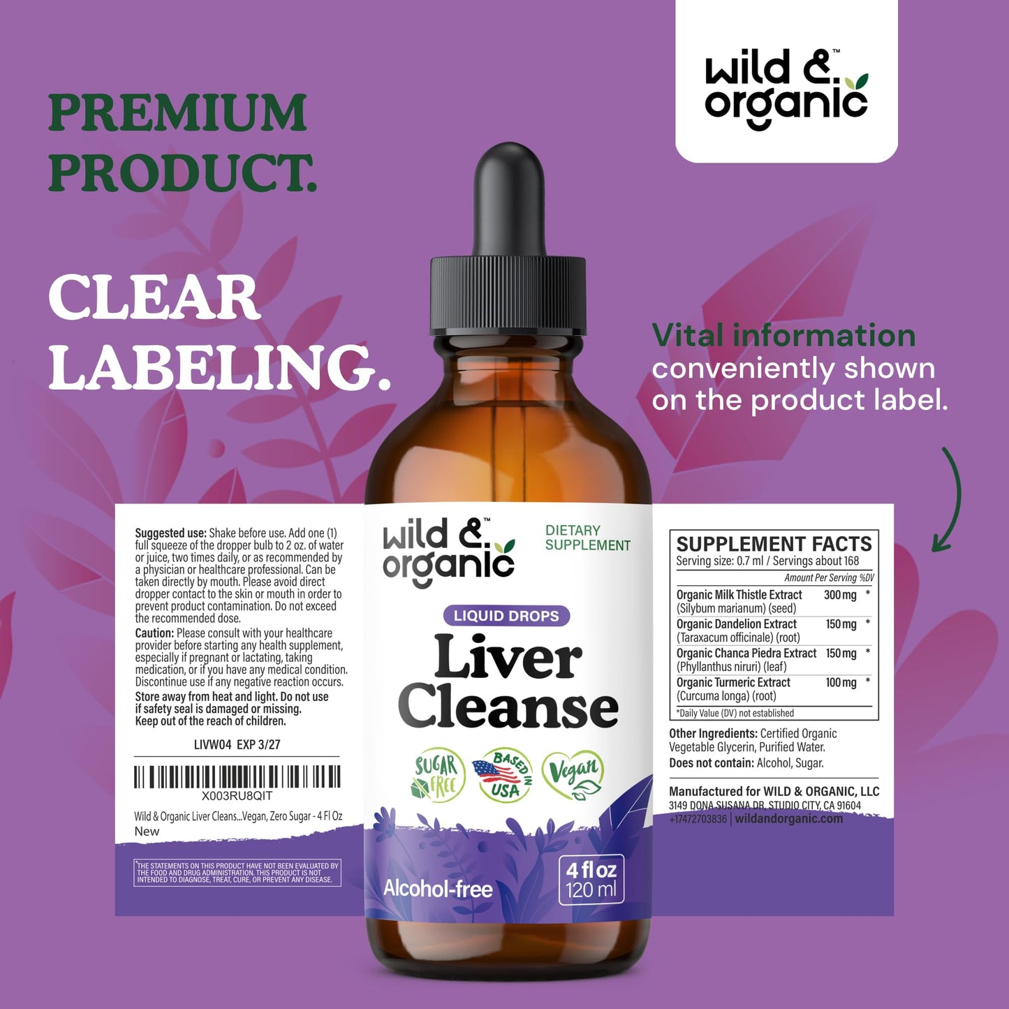 Wild & Organic Liver Cleanse Detox Tincture - Milk Thistle, Dandelion Root Herbal Complex - Liquid Liver Support Supplement - Vegan, Sugar & Alcohol-Free Milk Thistle Drops - 4 fl oz - PrimeBioHealth - canada supplements