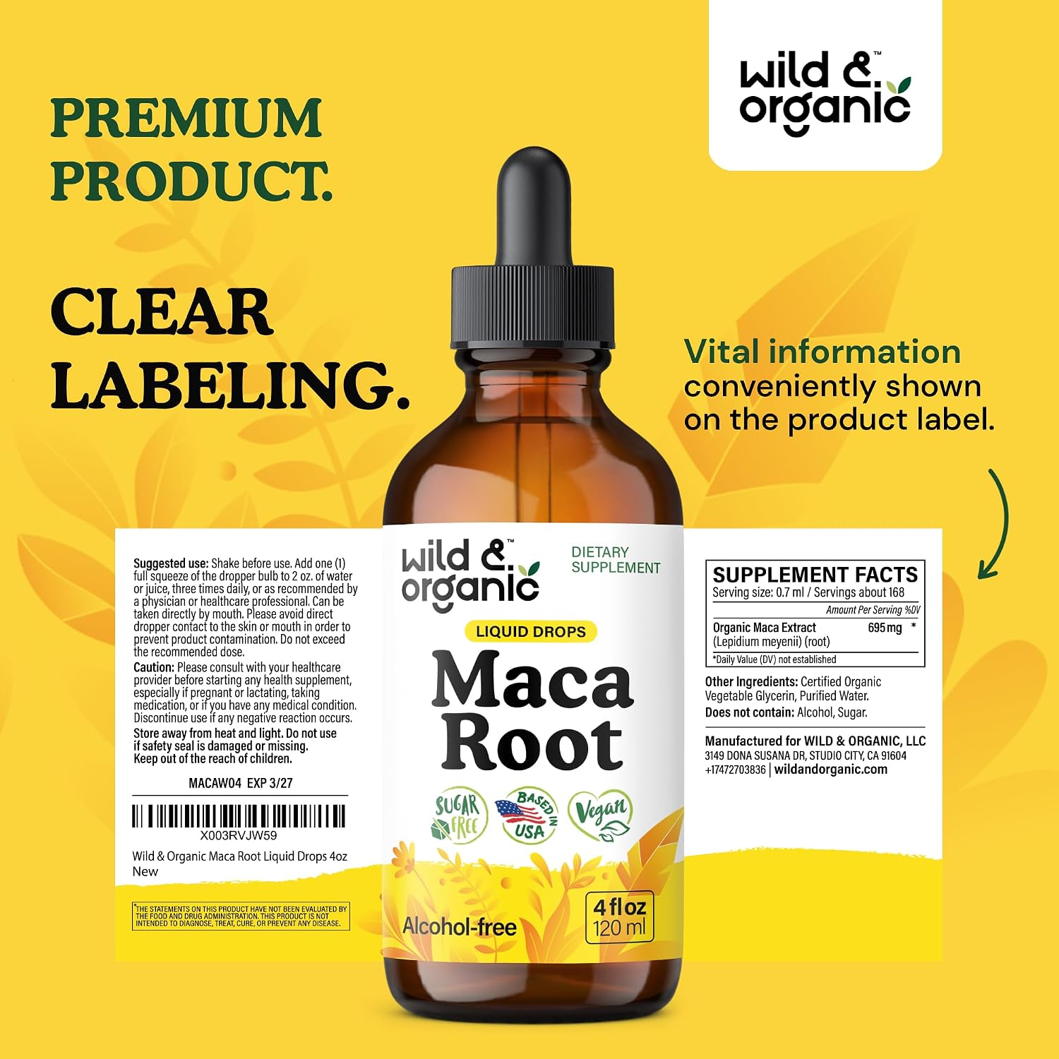 Wild & Organic Maca Root Liquid Drops for Men & Women - Peruvian Maca Tincture for Overall Support - Vegan, Sugar & Alcohol-Free Supplement - 4 fl oz - PrimeBioHealth - canada supplements