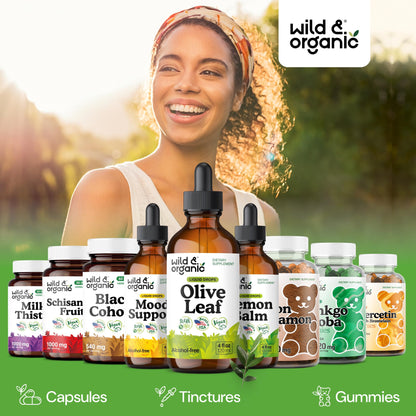 Wild & Organic Olive Leaf Extract Liquid Drops - Immune & Antioxidant Support - Oleuropein Supplement - Add to Tea Olive Leaf Tincture - Vegan, Sugar & Alcohol Free - 4 fl oz - PrimeBioHealth - canada supplements