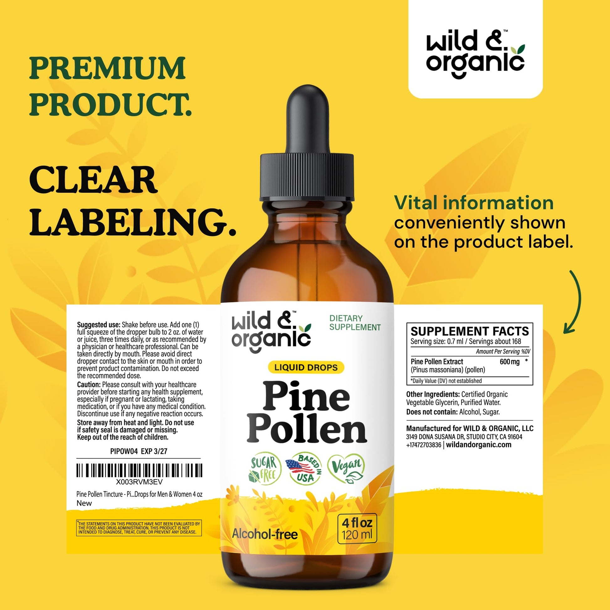 Wild & Organic Pine Pollen Tincture - Pine Pollen for Men & Women - Add to Tea & Drink - Pure Pinus Massoniana Extract Drops - Vegan, Sugar & Alcohol-Free Liquid Supplement - 4 fl oz - PrimeBioHealth - canada supplements