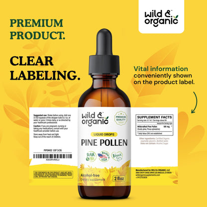 Wild & Organic Pine Pollen Tincture - Pine Pollen for Men & Women - Add to Tea & Drink - Pure Pinus Massoniana Extract Drops - Vegan, Sugar & Alcohol-Free Liquid Supplement - 4 fl oz - PrimeBioHealth - canada supplements